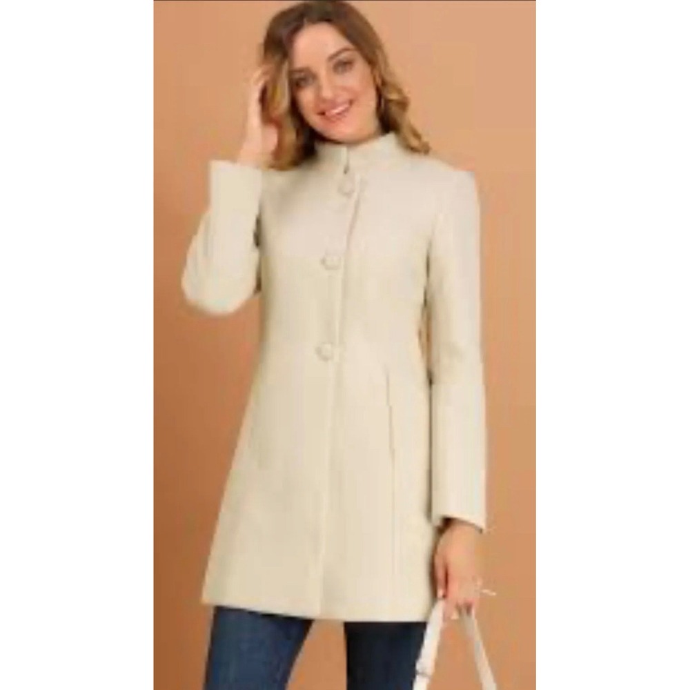 Allegra K Stand Collar Single Breasted Mid Length Overcoat Beige/Cream size S